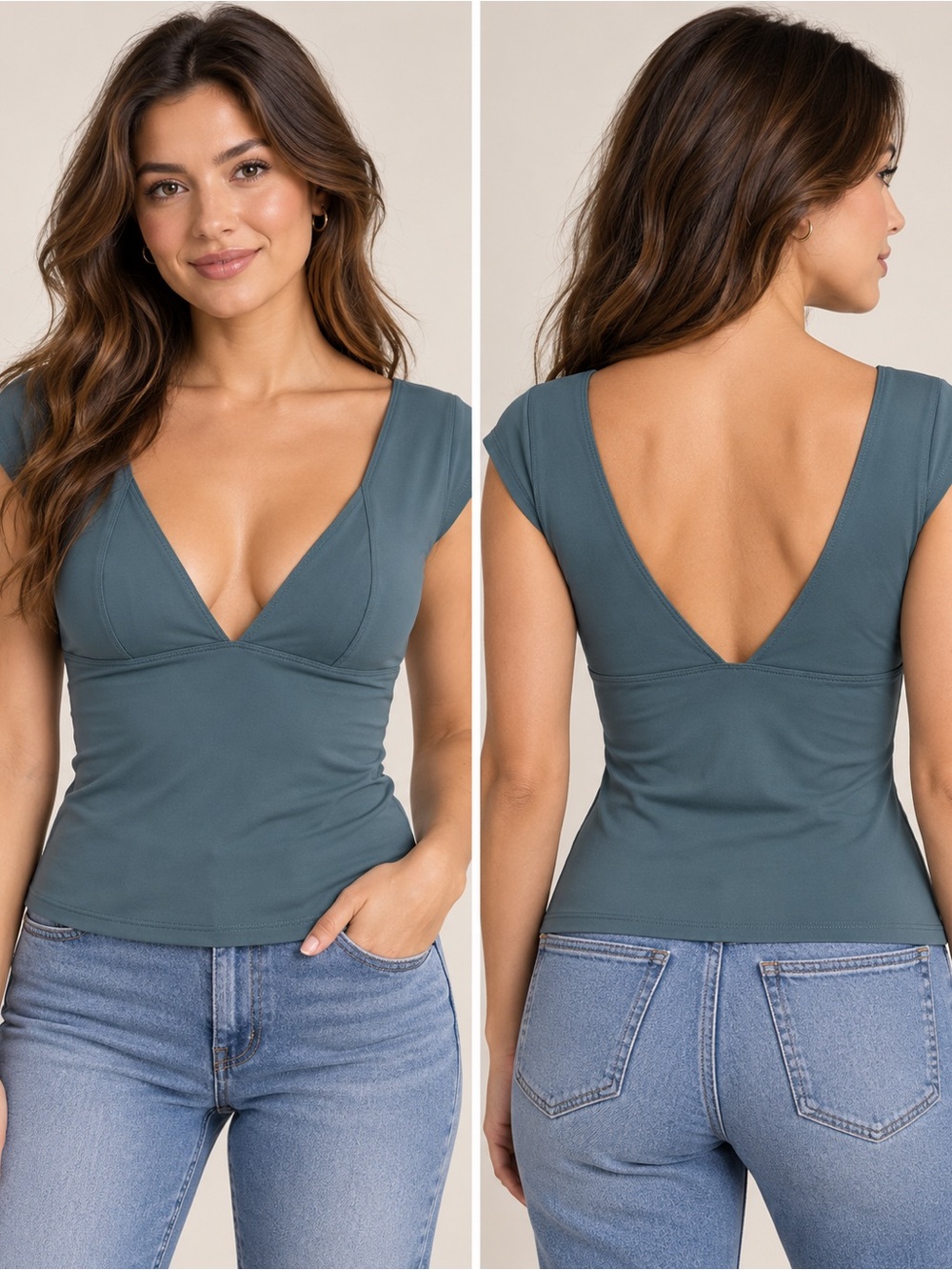 Free People Intimately XL Celtic Green Deep V Neck Fitted Top NWT